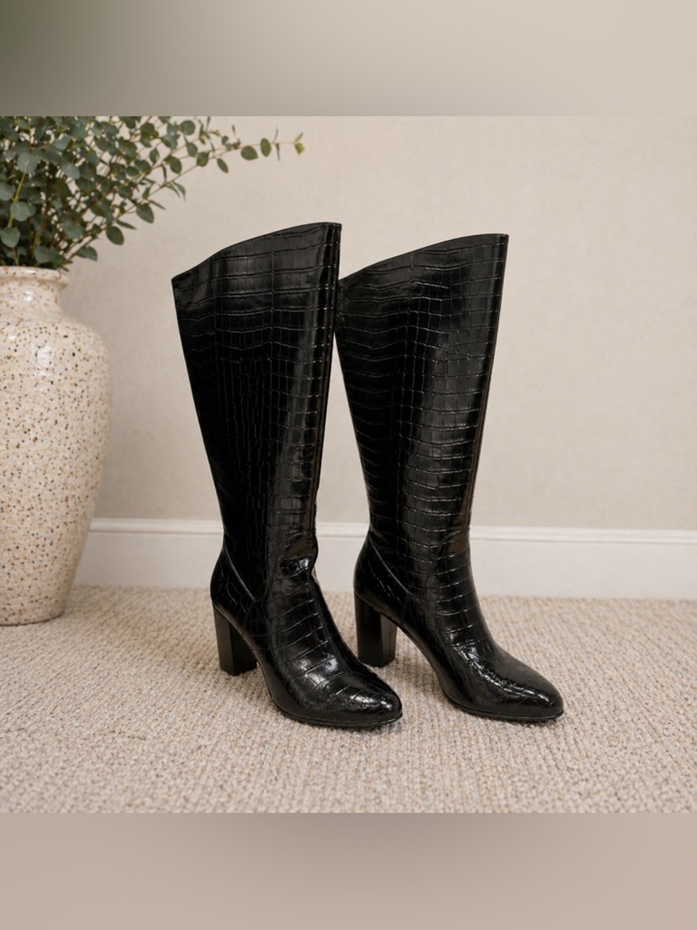 Anne Klein Nastya Wide Calf Tall Boots Black Snake Print Women’s Size 7.5